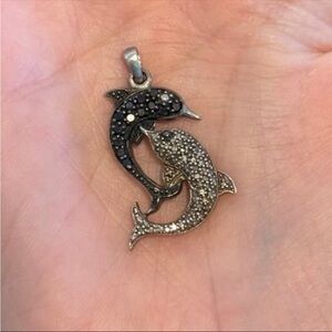 925 Sterling Silver Black & Clear Diamonds Dolphins Pendant